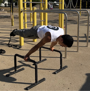 Person performing a planche on a set of parallel bars outdoors.